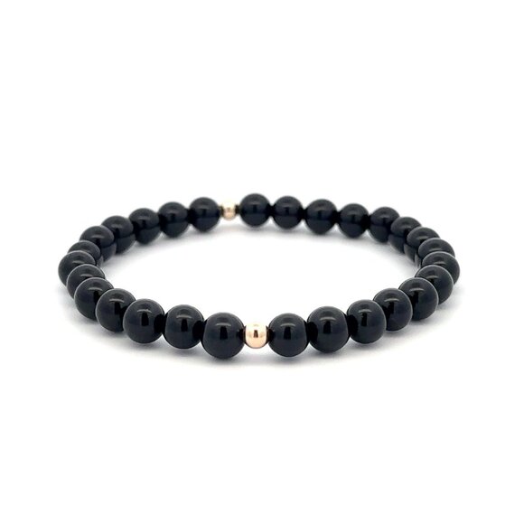 Gemstones Onyx 6mm Stretchable Bracelet 14k Gold Bead Charm - Picture 1 of 7